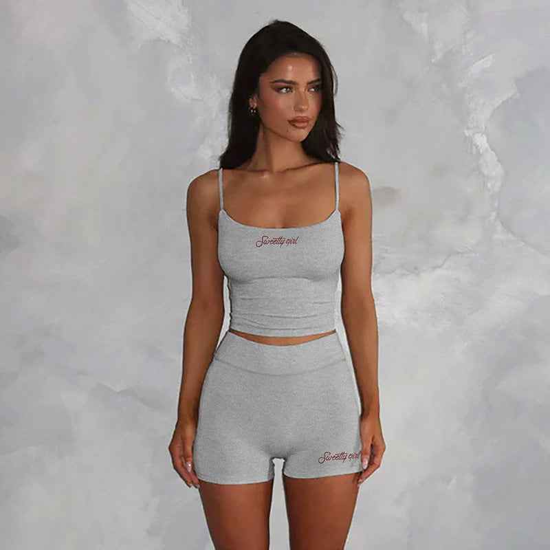 Street Casual Sports Women Slim Fit Letters Embroidered Strap Shorts Fitness Two Piece Sets Summer