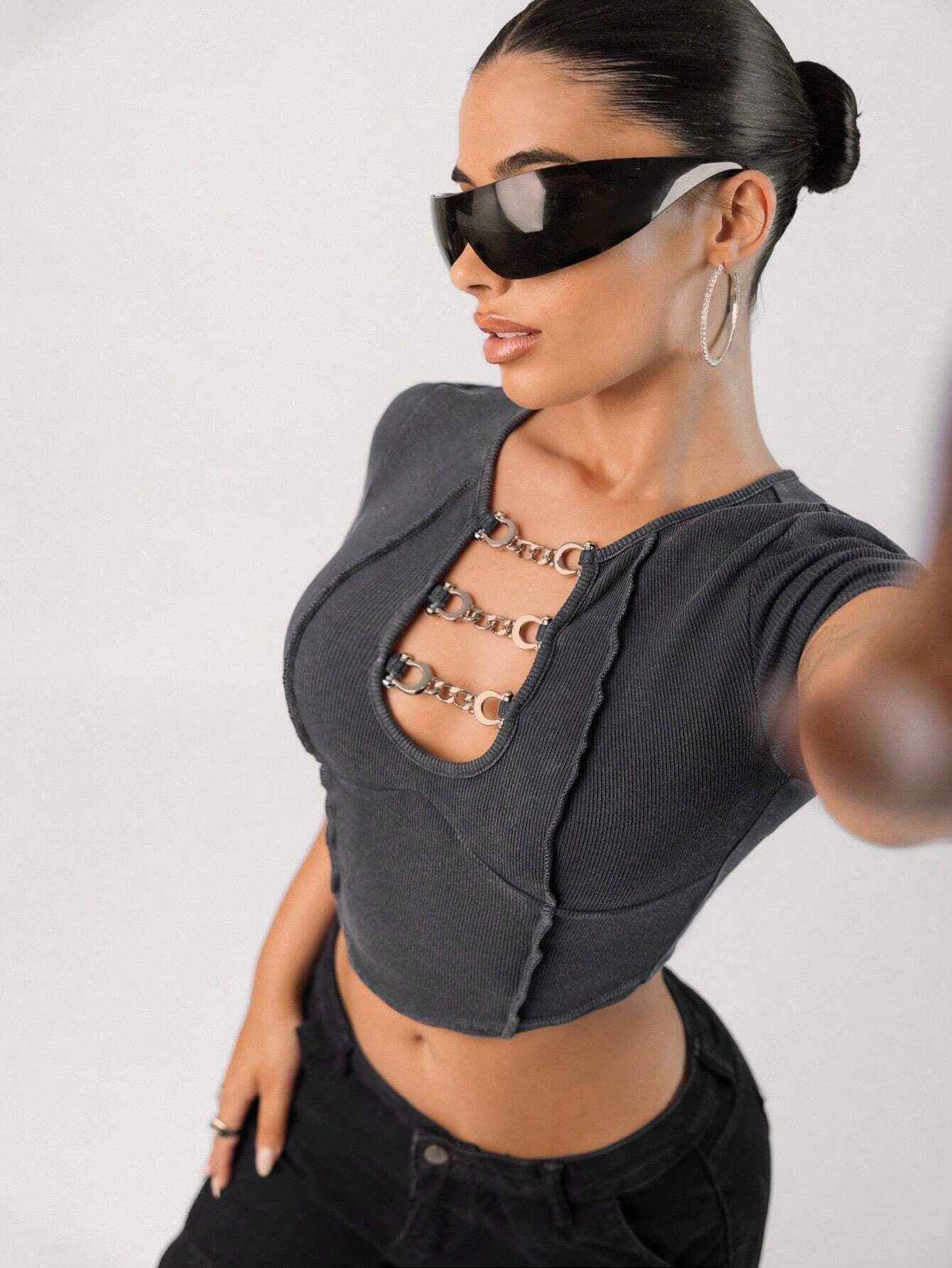 Women Clothing Personalized Trendy T shirt Spring Summer Outdoor Short Cropped Exposed Top