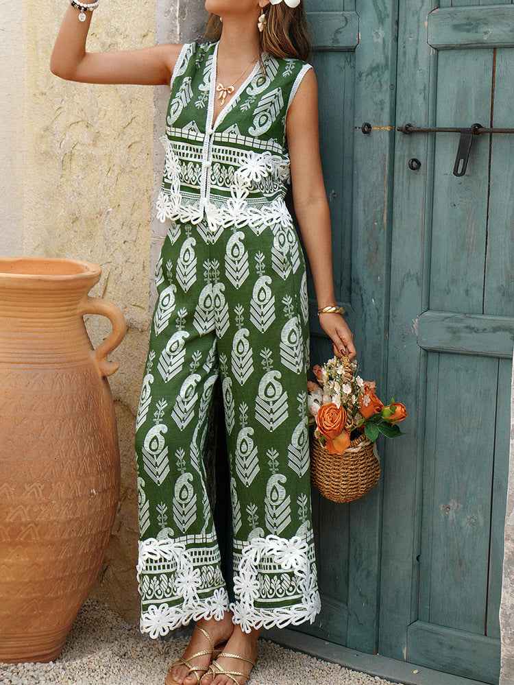 Spring Summer Casual Vacation Bohemian Print Contrast Color Waistcoat Top Long Pants Set Women Clothing
