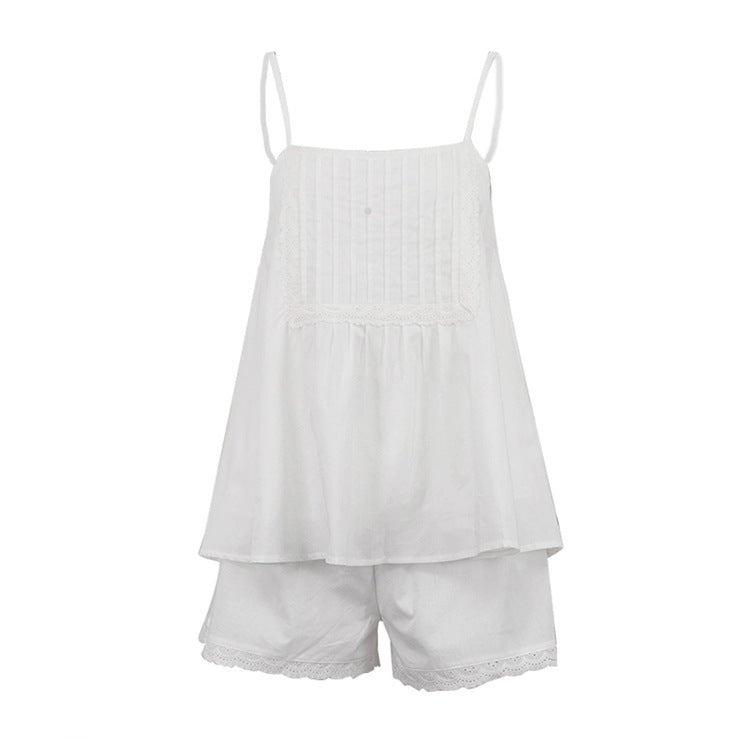 Cotton Casual Women White Sleeveless Loose Strap Top Shorts Two Piece Sets - ALZO