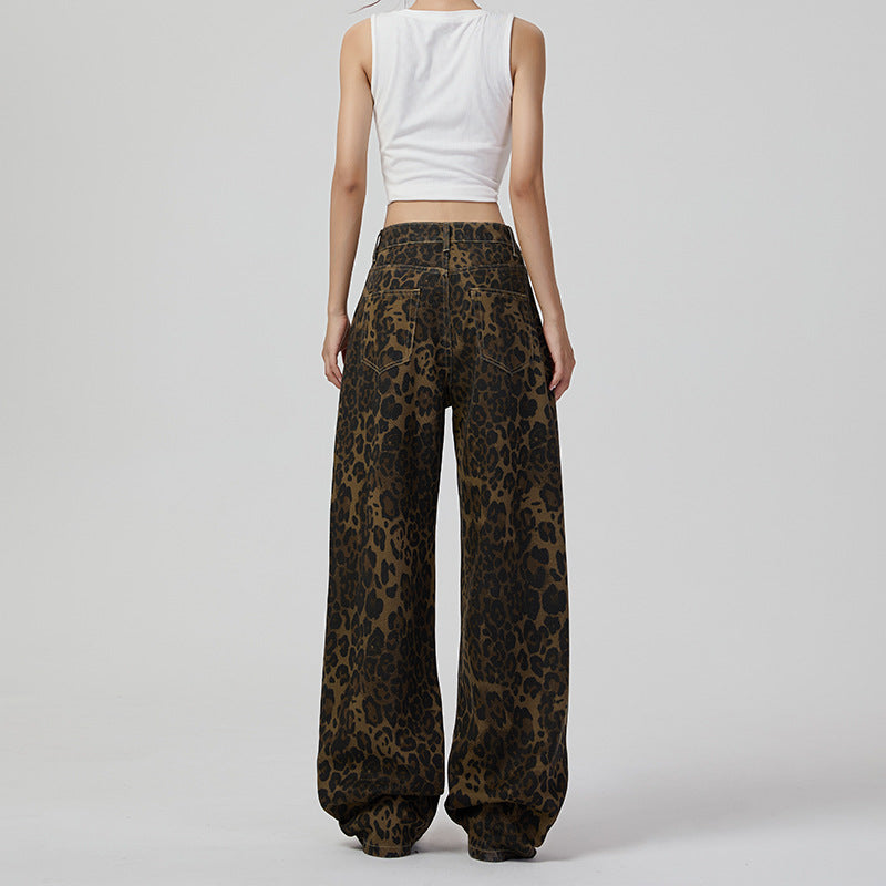 Retro Wide Leg Jeans Women High Street Leopard Print Loose Slimming Wide Leg Pants Jeans - ALZO
