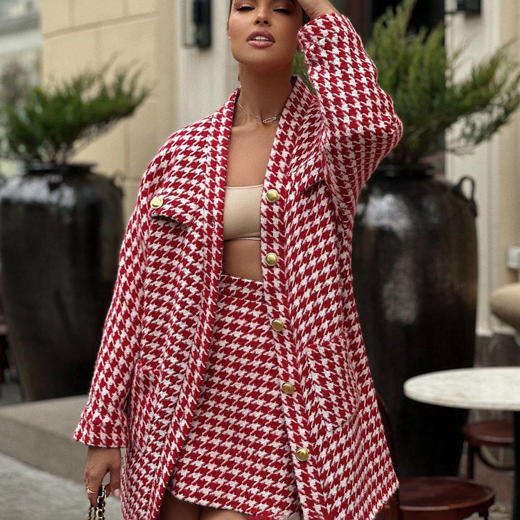 Women Clothing Autumn Winter Chanel Suit Women Houndstooth Tie Front Top Hip Skirt Two Piece Set - ALZO
