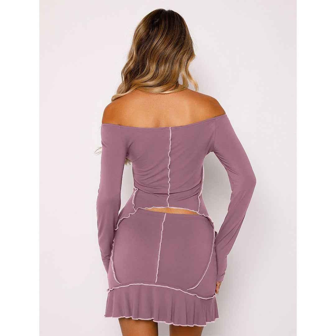 Women Clothing Sexy Solid Color Reverse Design Off Neck Skirt Set