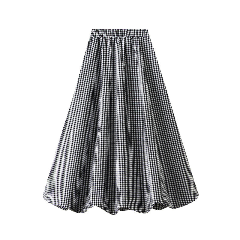 Japanese Plaid Bud Umbrella Skirt Women Spring Summer High Waist A line Skirt Mid Length Lantern - ALZO