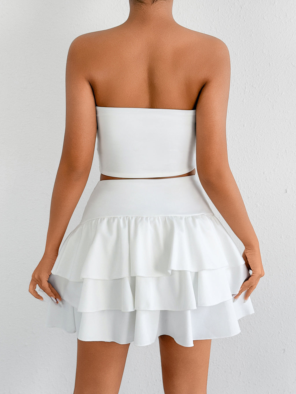 Arrival Summer Sexy Short Skirt Shoulder Baring Tube Top Solid Color Lace Tiered Dress Two Piece Sets - ALZO