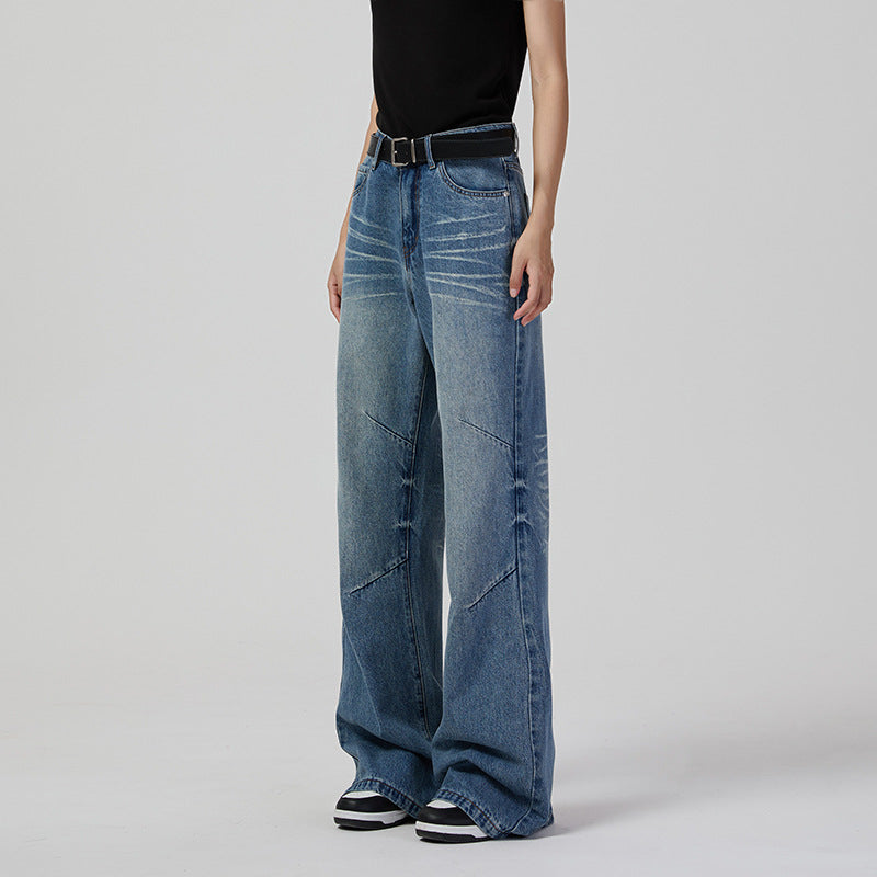 Women Retro Wide Leg Jeans Neutral High Street Denim Simple Casual Loose Trousers Jeans - ALZO