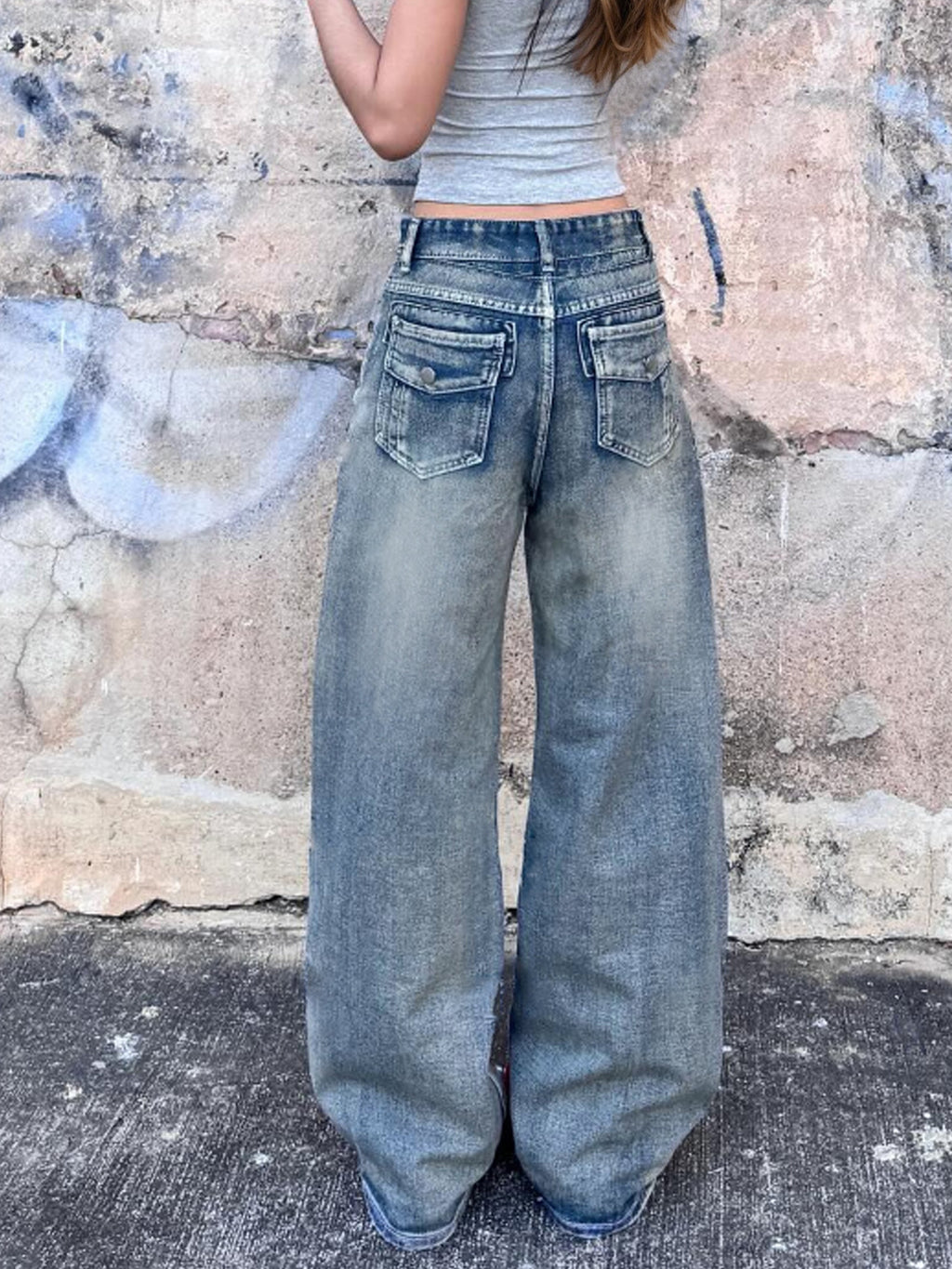 Ladies Loose Back Pocket plus Fold Front Pocket Seam Denim Wide Leg Non Elastic Trousers - ALZO