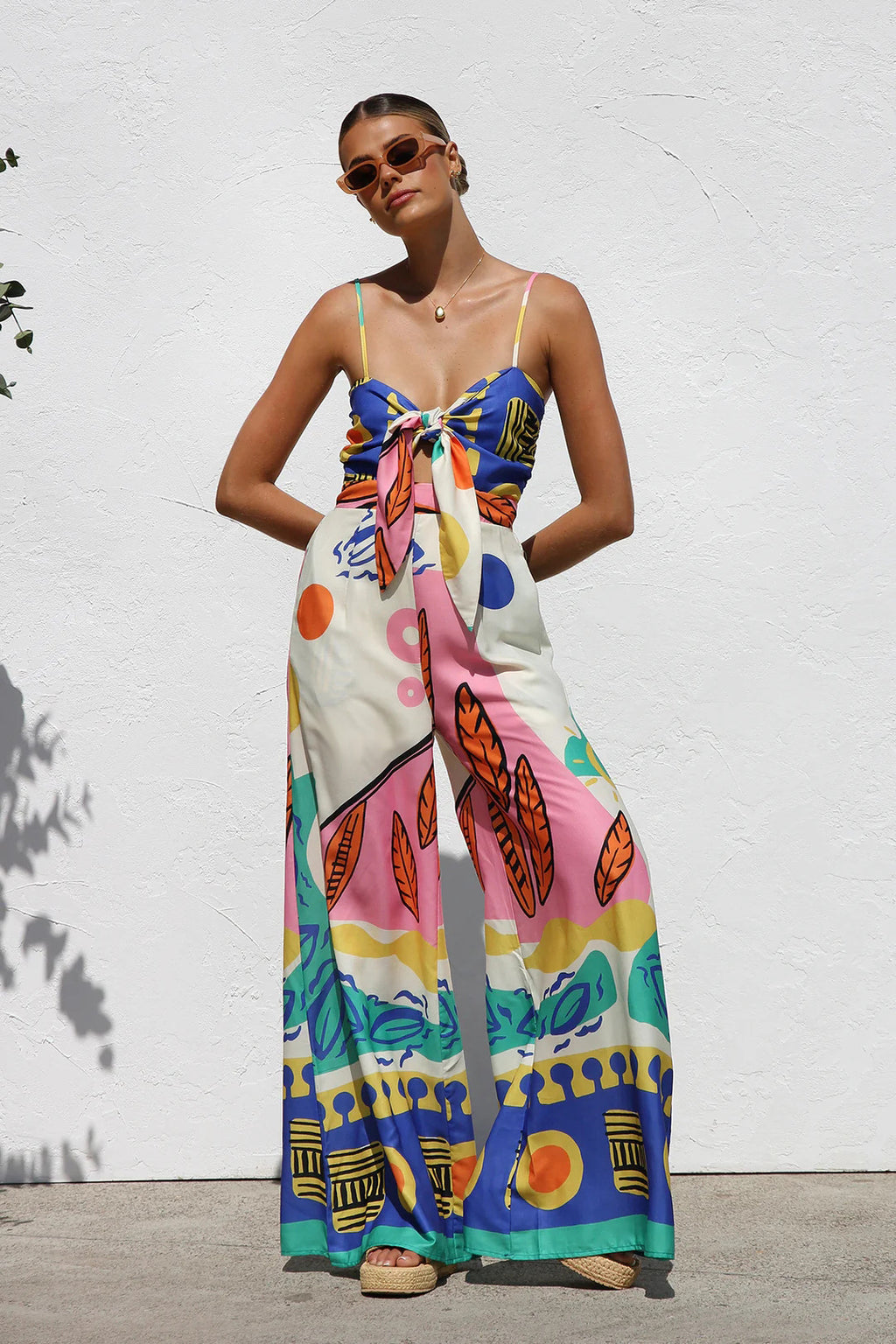 Spring Summer Printed Waist Controlled Smocking Strap Knotted Wide Leg Straight Jumpsuit - ALZO