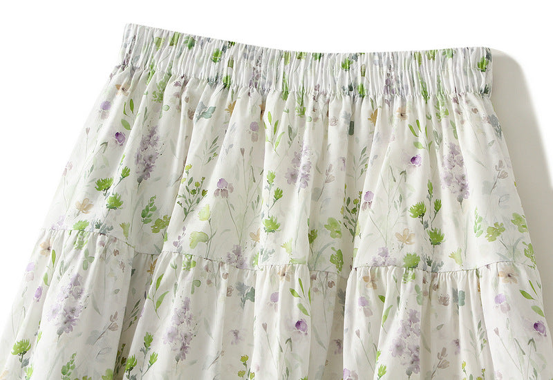 Sweet Floral Skirt Women Summer Series A line Elastic Waist Mid Length Big Hem Umbrella Skirt - ALZO