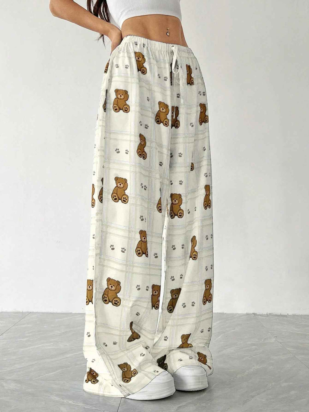 Elastic Waist White Narrow High Grade Wide Leg Pants Printed Straight Loose Thin Women Small Casual Pants