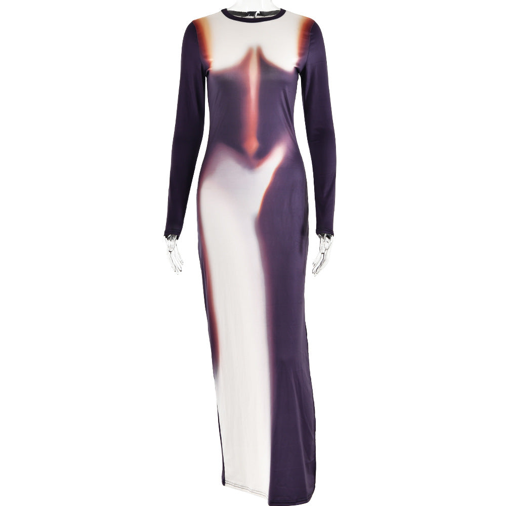 Women Clothing Autumn round Neck Long Sleeved Dress Sexy Tight Split Maxi Dress - ALZO