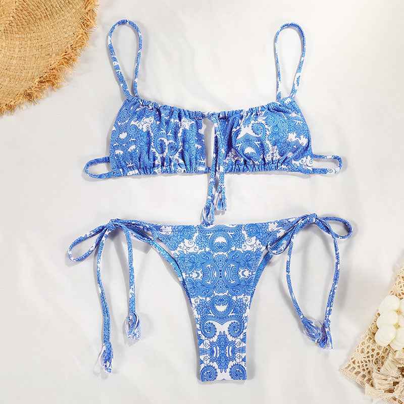 Swimsuit Female Sexy Fresh Printed Lace up Bikini