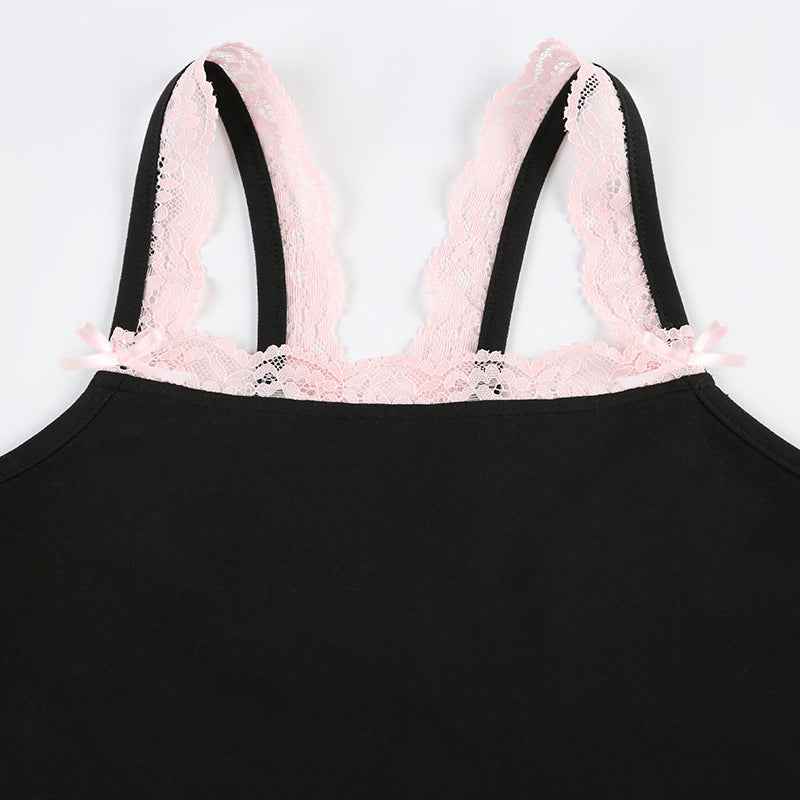 Contrast Color Lace Girl Sling Jumpsuit Summer Holiday Bow Stitching Square Collar Jumpsuit Shorts