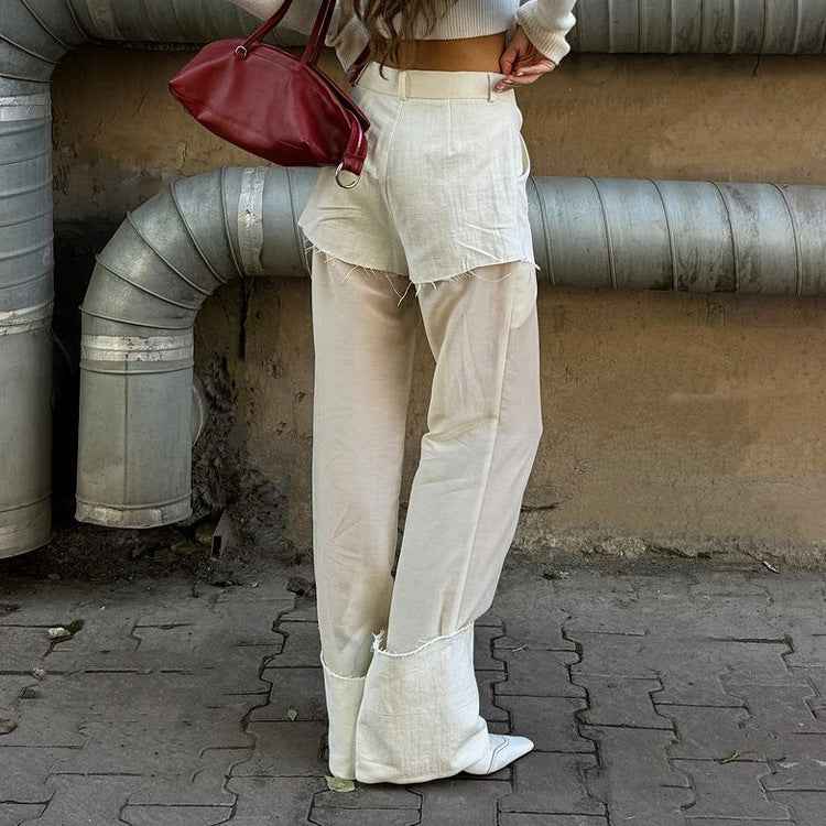 Street High Waist Wide Leg Pants Women Spring Gauze Stitching See through Casual Pants