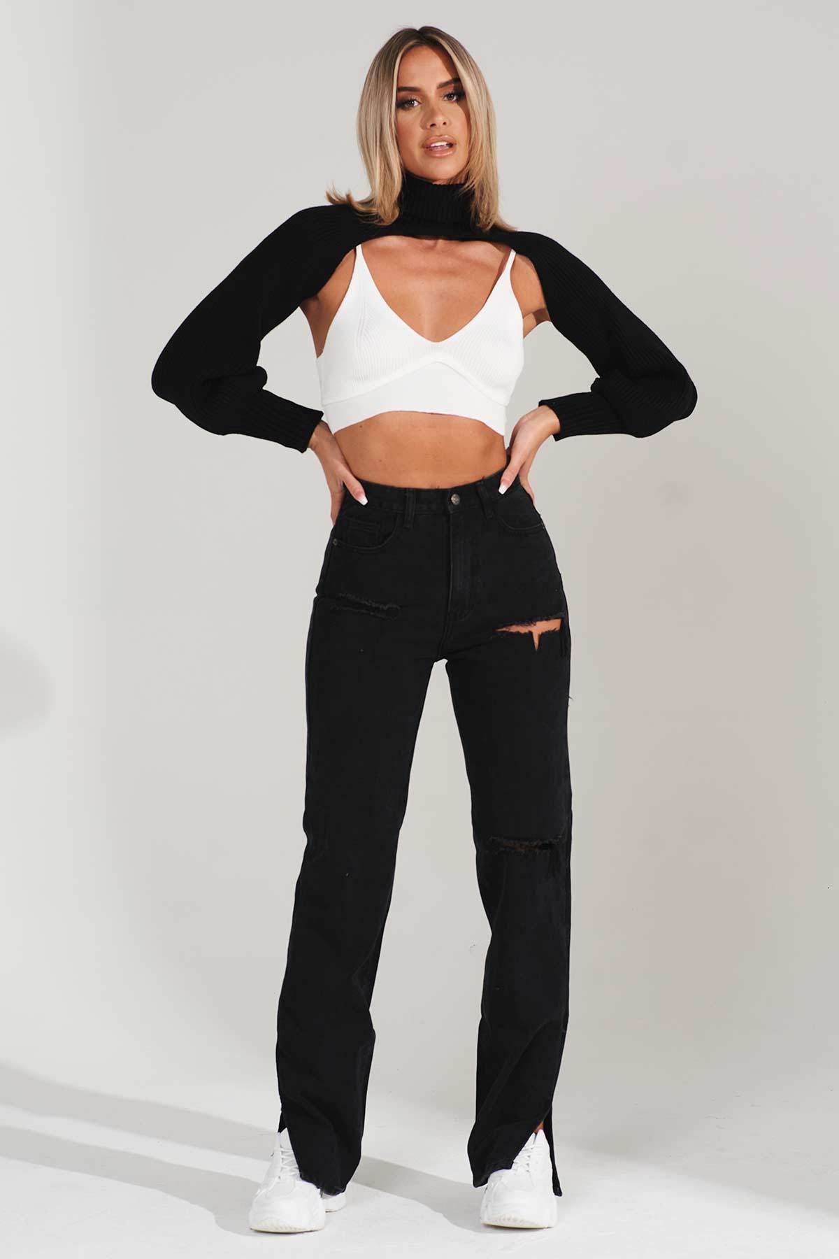 High Waist Straight Slimming Cool Black Denim Trousers Mop Hem Split Smooth Micro-Flared Pants Women Clothing - ALZO