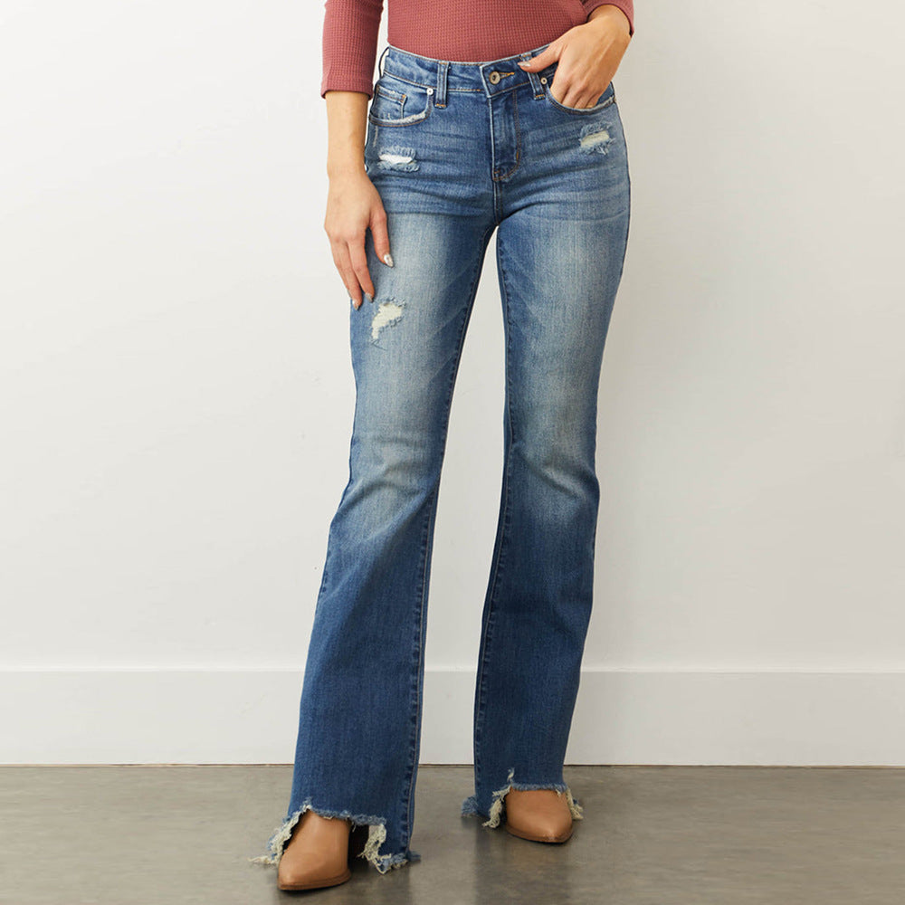 Mid Waist Slim Fit Stretch Holes Bell Bottom Pants Women Jeans - ALZO
