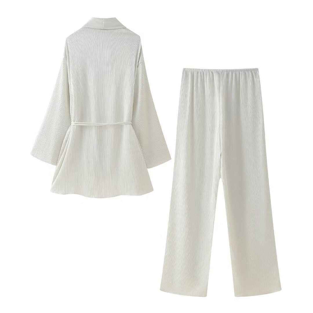 Women Clothing Two Piece Sets Loose Lace up Lead Peplum Top Wide Leg Trousers