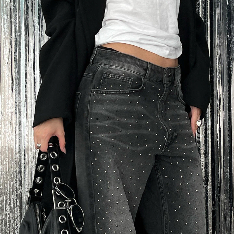 Retro Personalized Rhinestone Distressed Loose Wide Leg Low Waist Jeans Autumn Winter Draped Casual Pants - ALZO