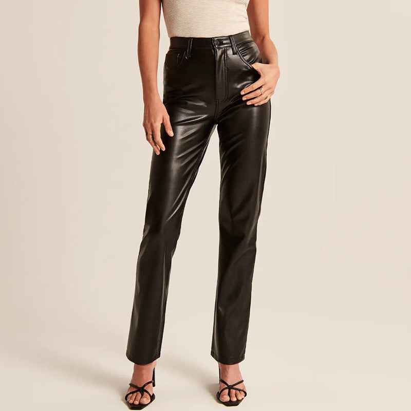 Autumn Winter Straight Leather Pants Women Long Casual Low Waist Faux Leather Women Pants Trousers