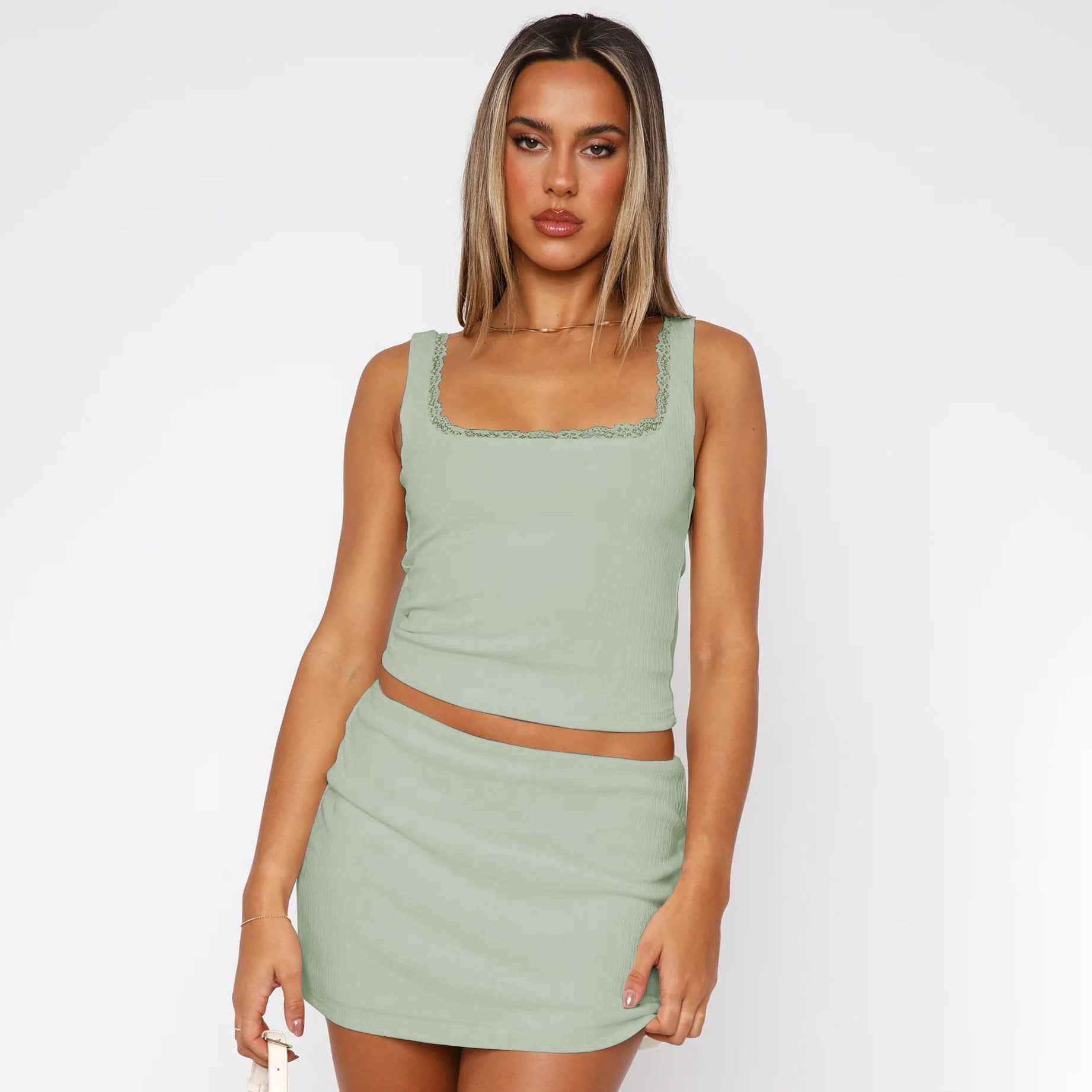 Summer Women Clothing Lace Lace Spaghetti Strap Square Collar Sexy Top Solid Color Sexy Vest