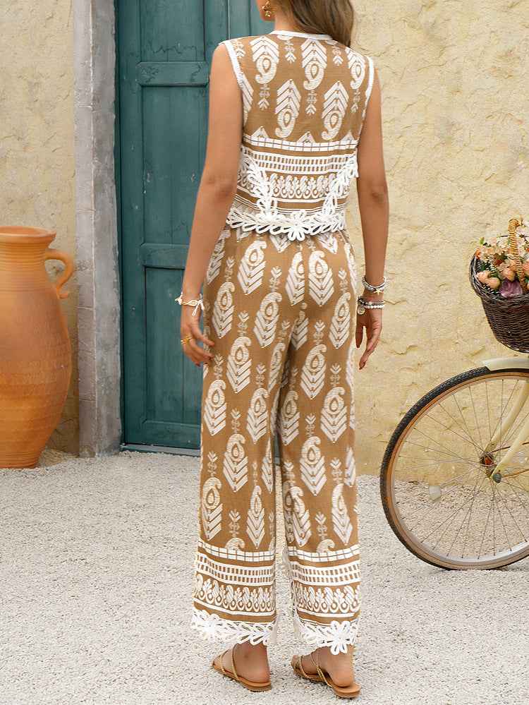 Spring Summer Casual Vacation Bohemian Print Contrast Color Waistcoat Top Long Pants Set Women Clothing