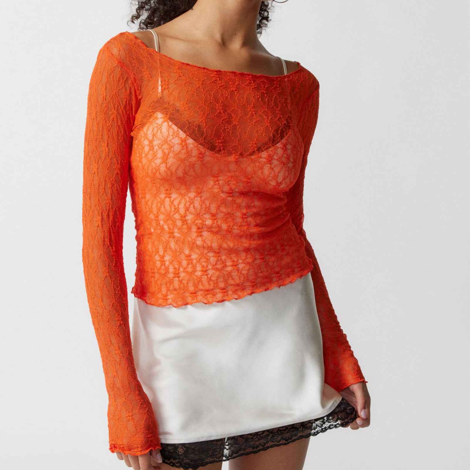 Sexy Transparent Lace Mesh T shirt Wave Edge Slightly Transparent Short Slim Outer Wear Top