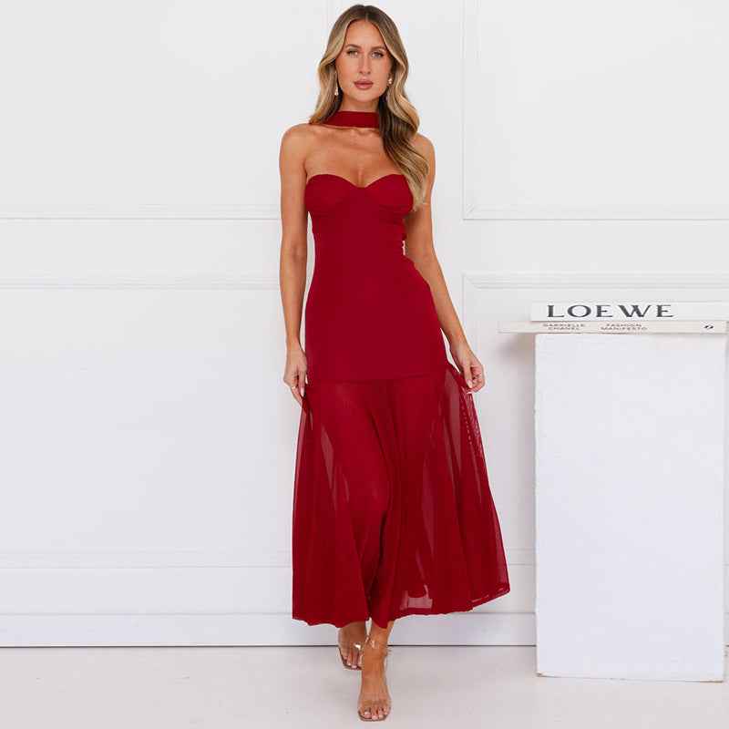 Women Clothing Solid Color Sleeveless Split Mesh Tube Top a Word Maxi Dress