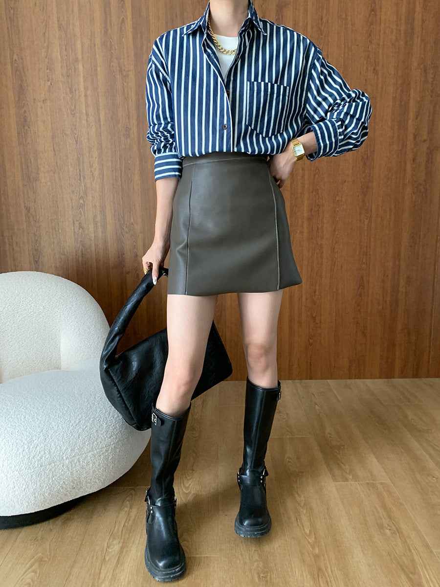 Women Retro Design Slimming Faux Leather A line Skirt Autumn Winter