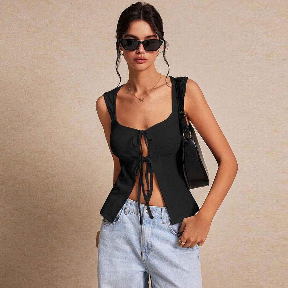 Spring Summer Women Clothing Sexy Intellectual Vest Lace up Cardigan Design Blouse