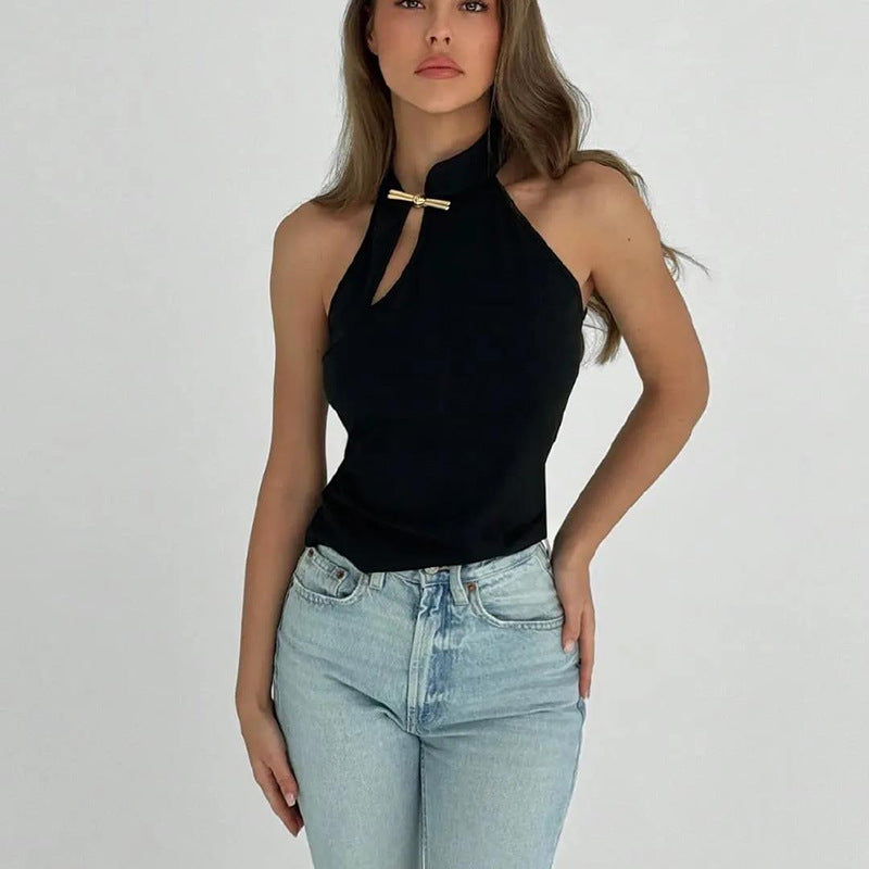 Spring Summer Women Clothing Personalized Stand Collar Open Solid Color Slim Fit Sexy Sleeveless T shirt Vest Women - ALZO