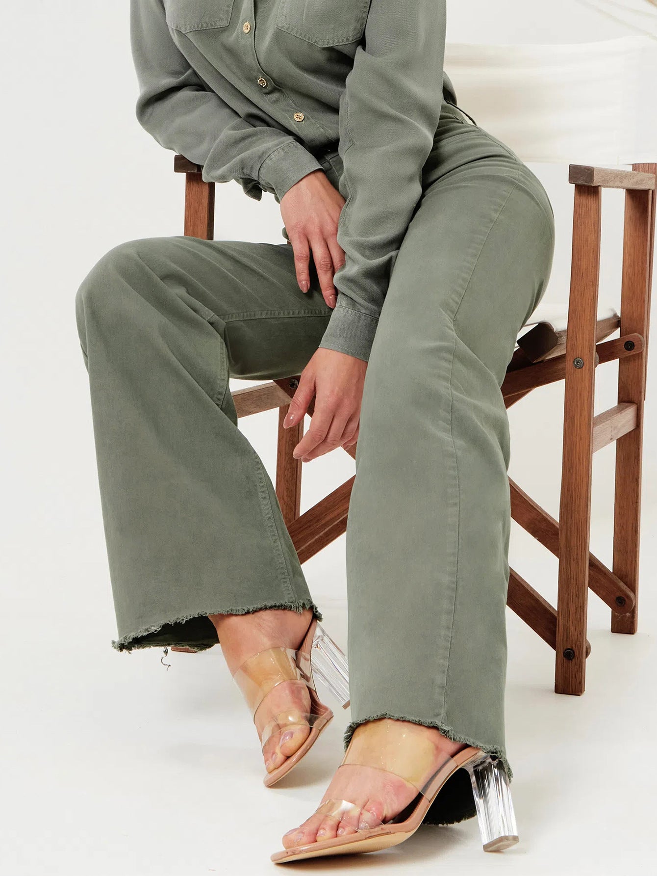 Slim Fit Stretch Solid Color Frayed Flared Pants Women Jeans - ALZO