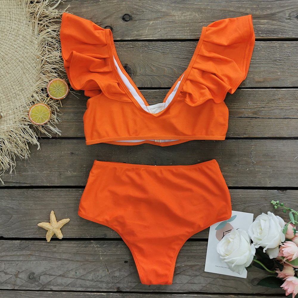 Solid Color Split Swimsuit Women Heavy Industry Line Flounced Sexy Bikini Swimsuit - ALZO
