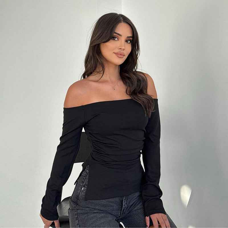 Autumn Casual Wild off Shoulder Double Fork Swing Long Sleeve Top