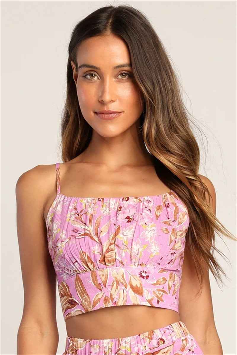 Casual Sexy Sling Vest High Waist Print Wide Leg Pants Two Piece Sets
