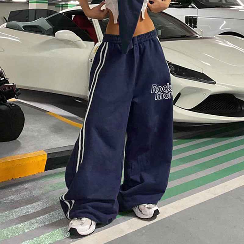 High Street Sweet Cool Ribbon Stitching Printing Elastic Waist Loose Wide Leg Casual Sports Trousers Summer