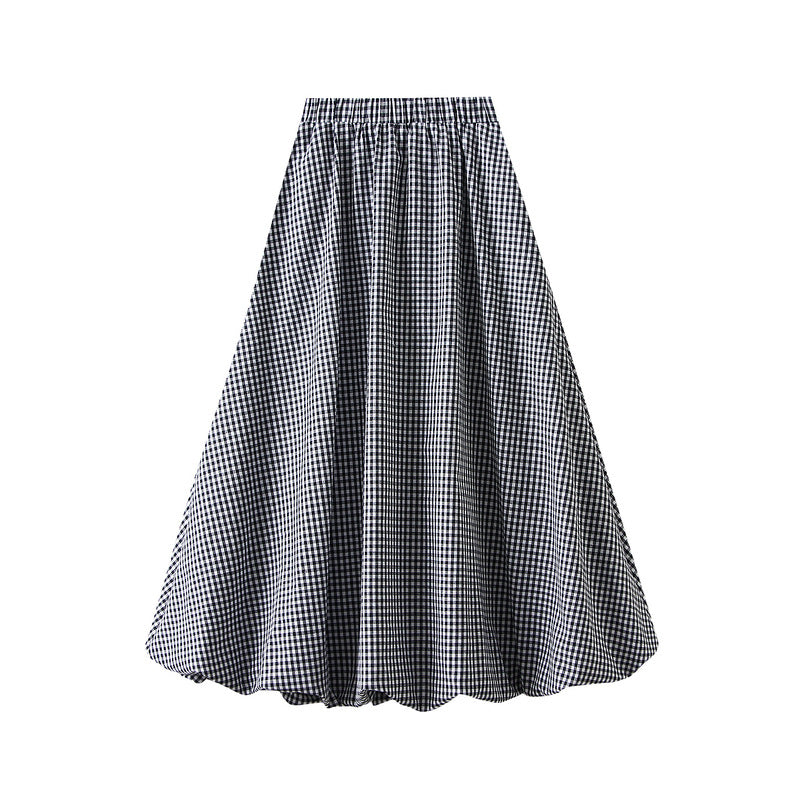 Japanese Plaid Bud Umbrella Skirt Women Spring Summer High Waist A line Skirt Mid Length Lantern - ALZO