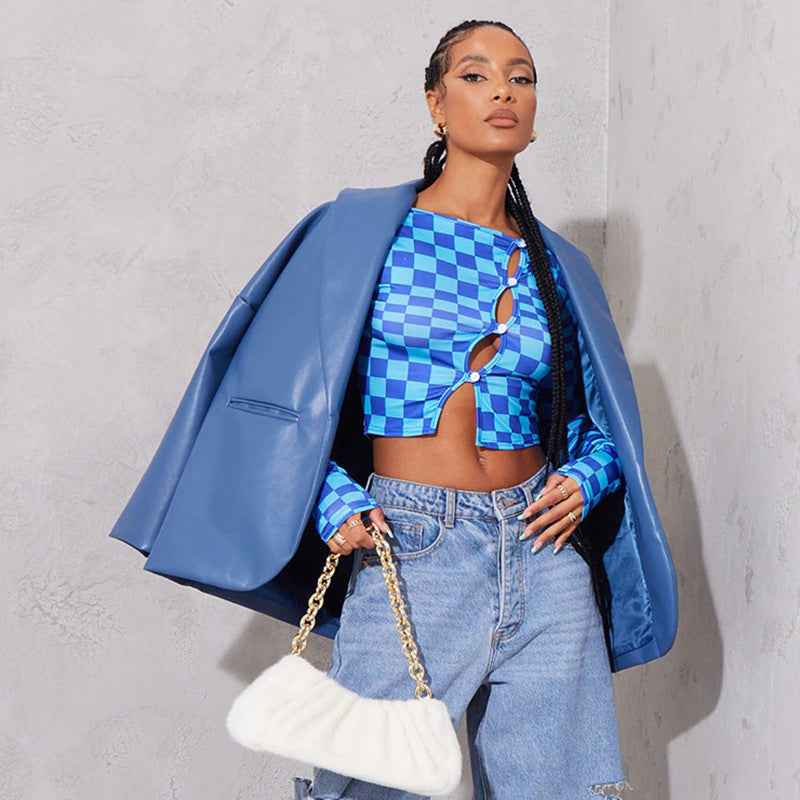 Women Clothing Arrival Autumn Winter Hollow Out Long Sleeved T Shirt Plaid Printed Long Sleeved T Shirt