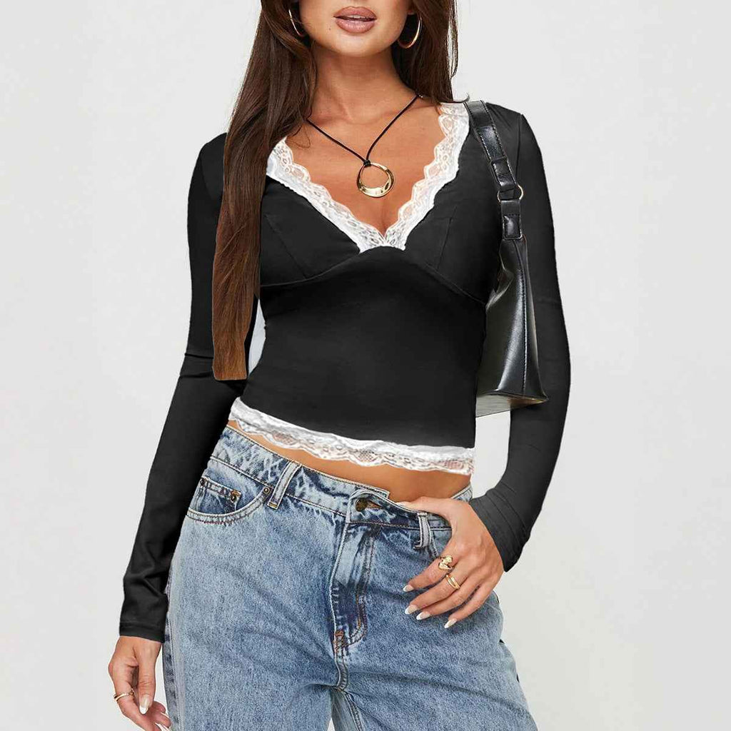 Spring Summer Women Clothing Sweet Spicy Slim Fit Lace Contrast Color V neck Long Sleeve Top