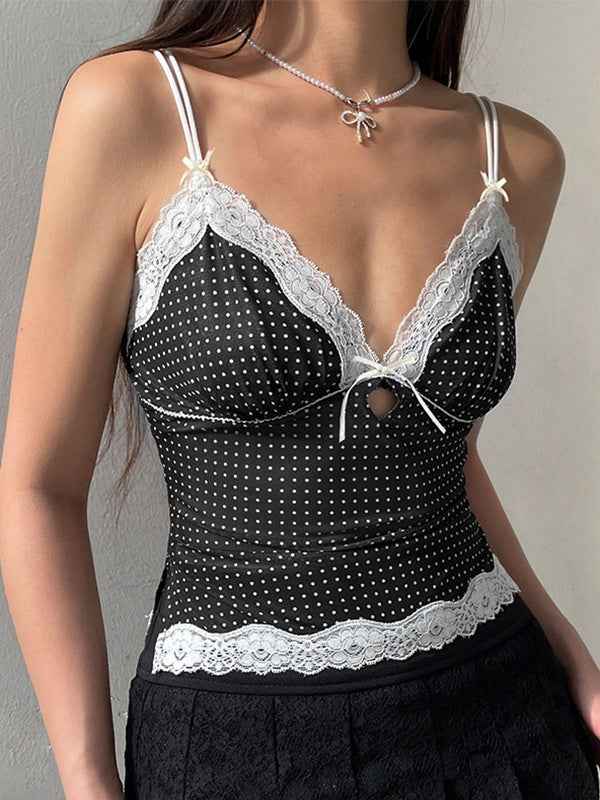 Spring Summer Sexy Sexy Hollow Out Cutout out V neck Backless Strap Top Lace Stitching Polka Dot Vest