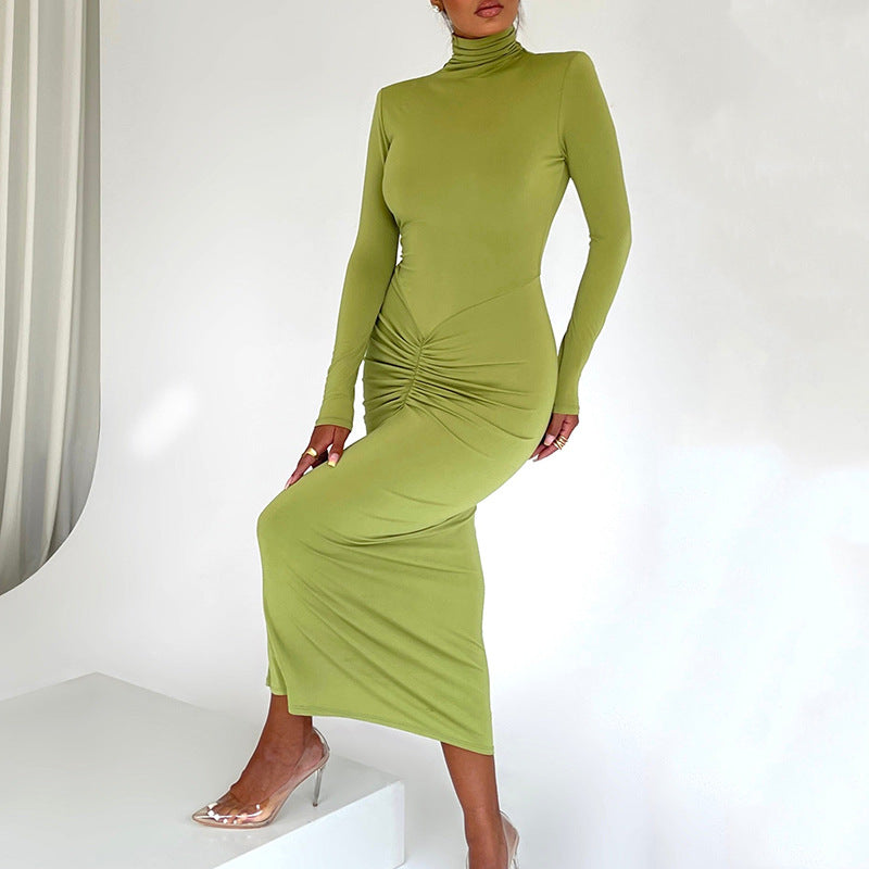 Autumn Winter Half High Collar Long Sleeves Dress Sexy Elegant Bodycon Maxi Dress for Women - ALZO