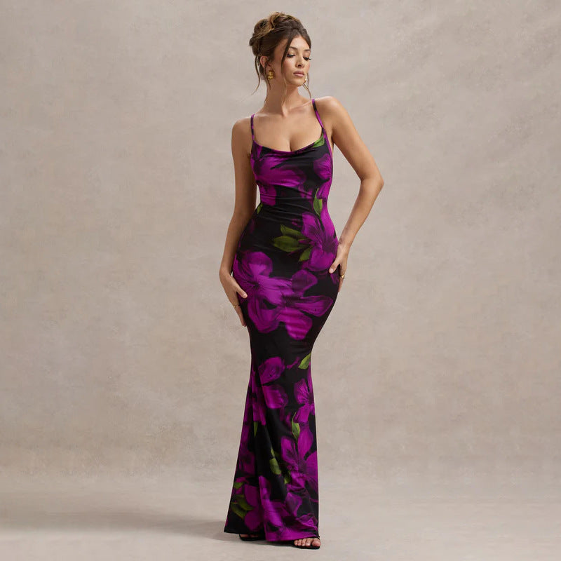 Women Dress Floral Print Cross Shoulder Strap Backless Slim Fit Inner Dress - ALZO