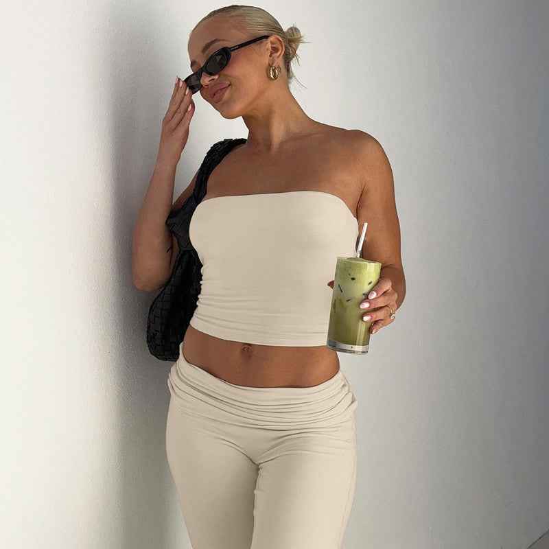 Women Clothing Autumn Solid Color Tube Top Top Flared Pants Slim Fit Suit Women