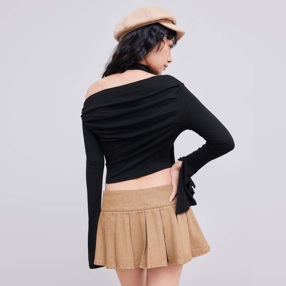 Sweet Spicy Sexy T shirt Autumn Winter Boat Collar off the Shoulder Design Short Top - ALZO