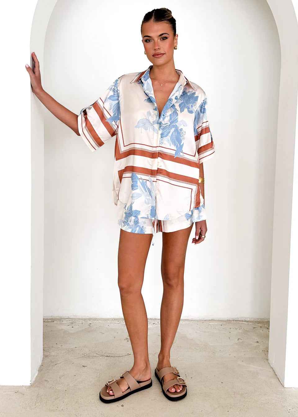 Summer Ladies Homewear Casual Printing Cardigan Shirt Shorts Two Piece Sets