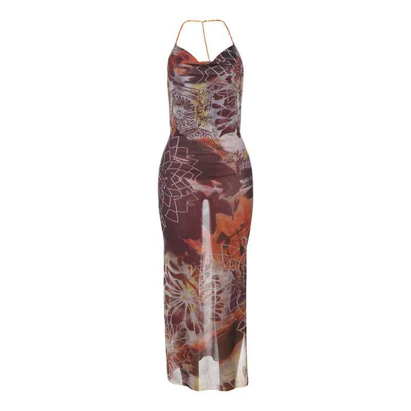 Summer Women Printed Sexy Bead Necklace Halter Backless Split Dress