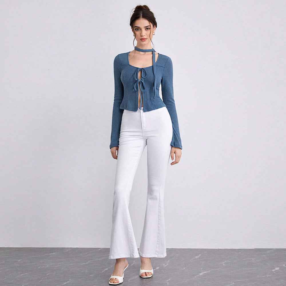 Sexy Cardigan Autumn Winter Women Clothing Lace up Cutout Waffle Long Sleeved T shirt Top