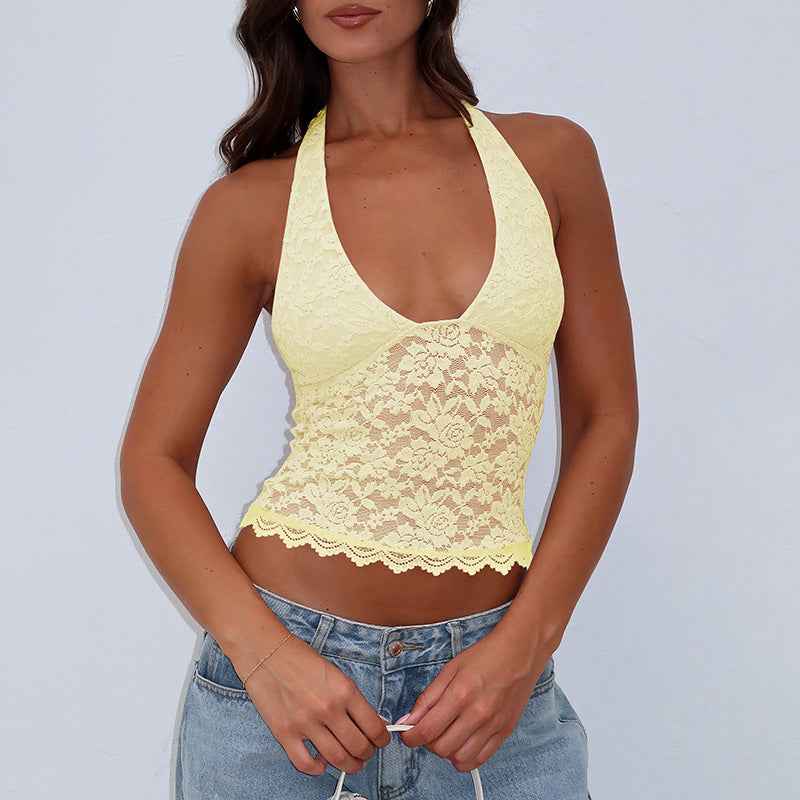 Women Clothing Winter Sexy Hollow Out Cutout Lace Slim Sexy Vest All Matching Halter Top