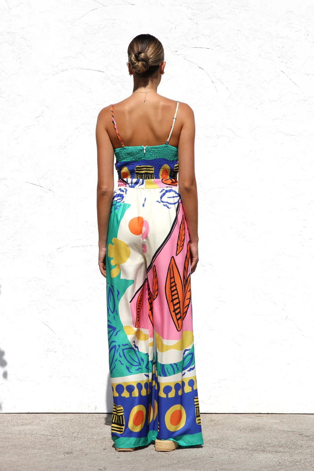 Spring Summer Printed Waist Controlled Smocking Strap Knotted Wide Leg Straight Jumpsuit - ALZO
