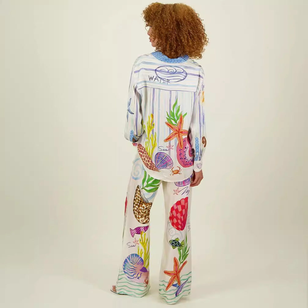 Satin Printed Personalized Graffiti Casual Shirt Trousers Two Piece Suit Amplified craft - ALZO