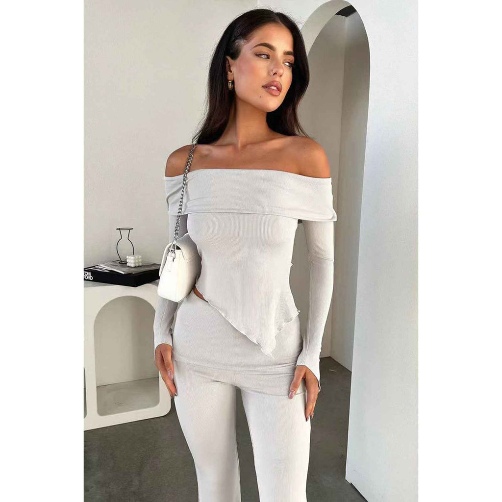 Women Clothing Small Sunken Stripe Irregular Asymmetric off Shoulder Collared Waist Bell Bottom Pants Two Piece Set